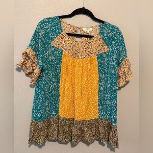 Umgee Teal and Mustard Floral Patchwork Blouse